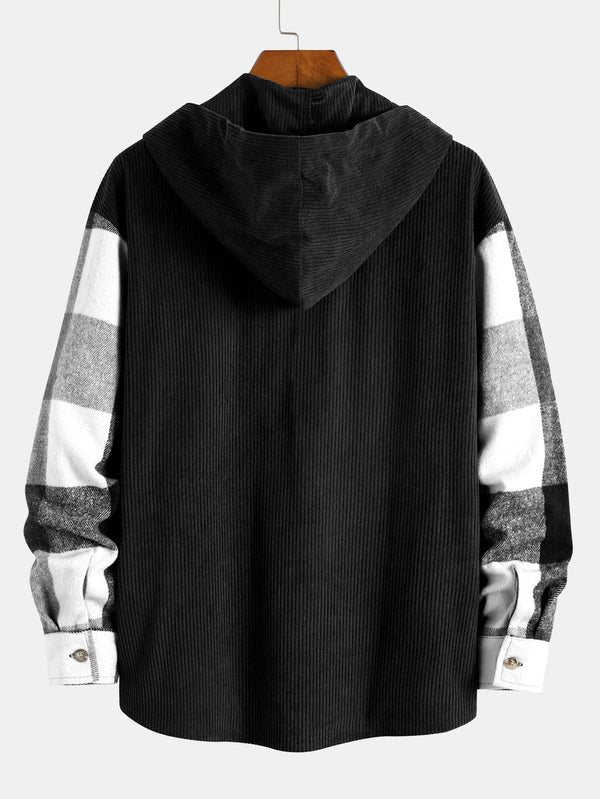 Relax Fit Flannel Plaid Corduroy Patchwork Hooded Shirt - Maison Sydney