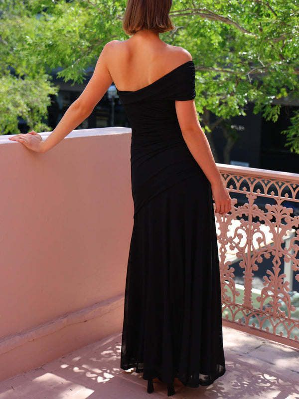 Elegance EffortlessMesh Off Shoulder Ruched Stretch Maxi Dress