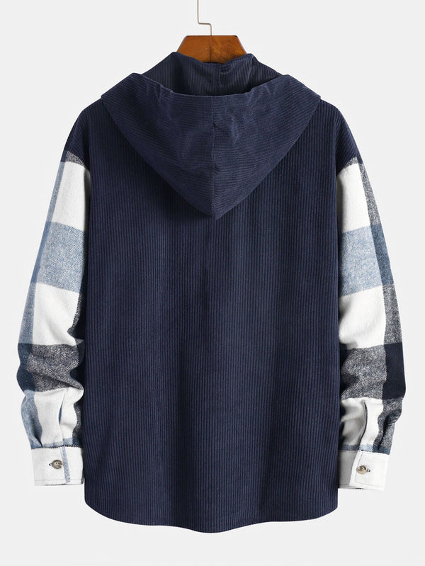 Relax Fit Flannel Plaid Corduroy Patchwork Hooded Shirt - Maison Sydney