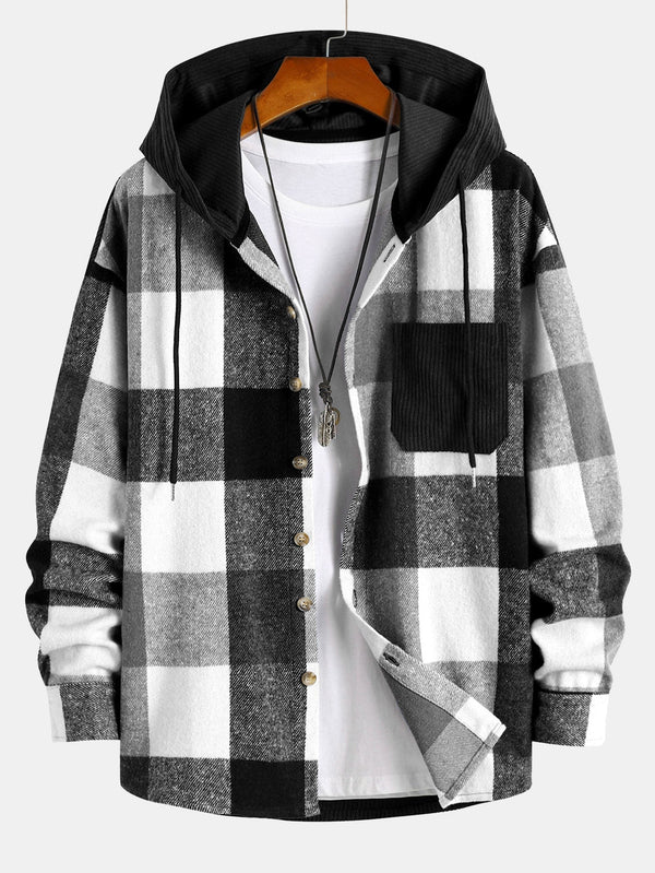 Relax Fit Flannel Plaid Corduroy Patchwork Hooded Shirt - Maison Sydney