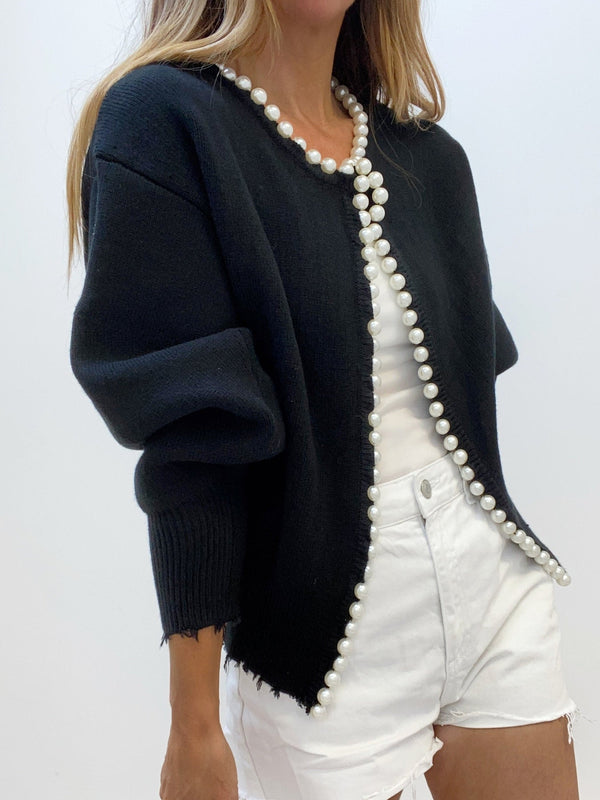 Pearl Trim Ripped Hem Cardigan - Maison Sydney
