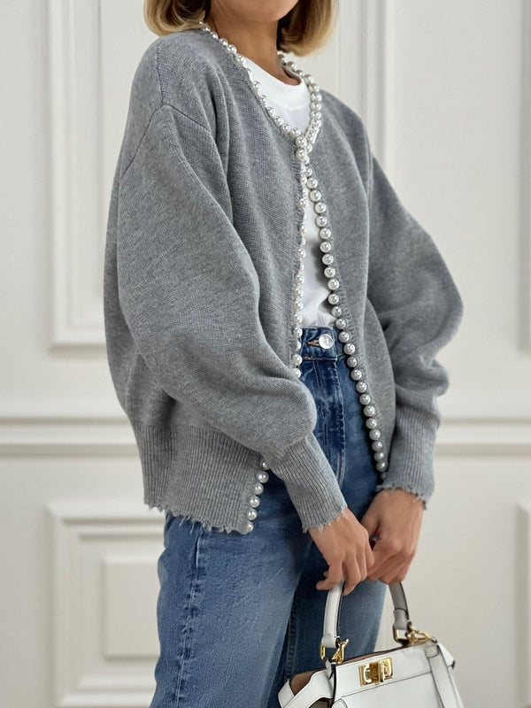 Pearl Trim Ripped Hem Cardigan - Maison Sydney