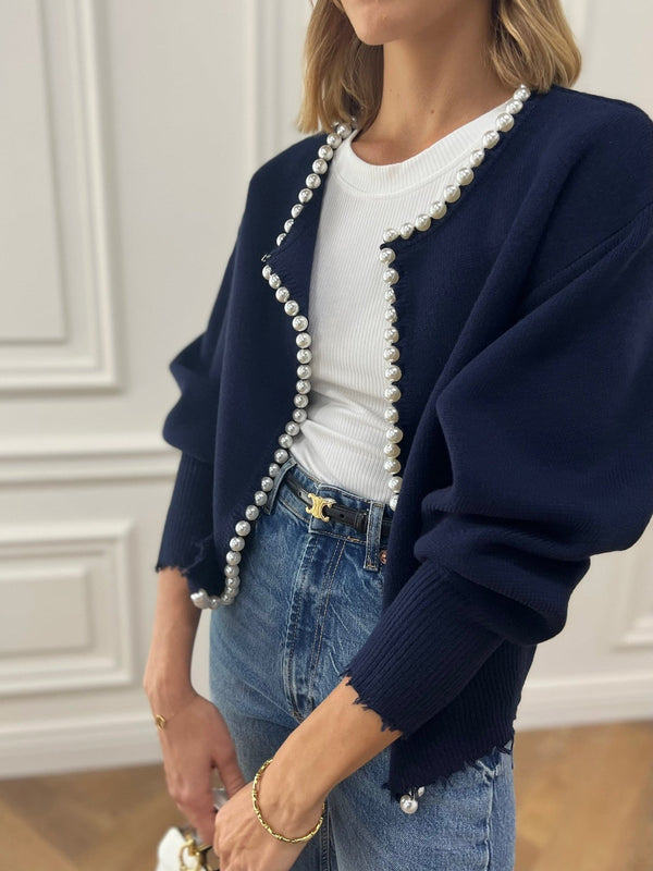 Pearl Trim Ripped Hem Cardigan - Maison Sydney