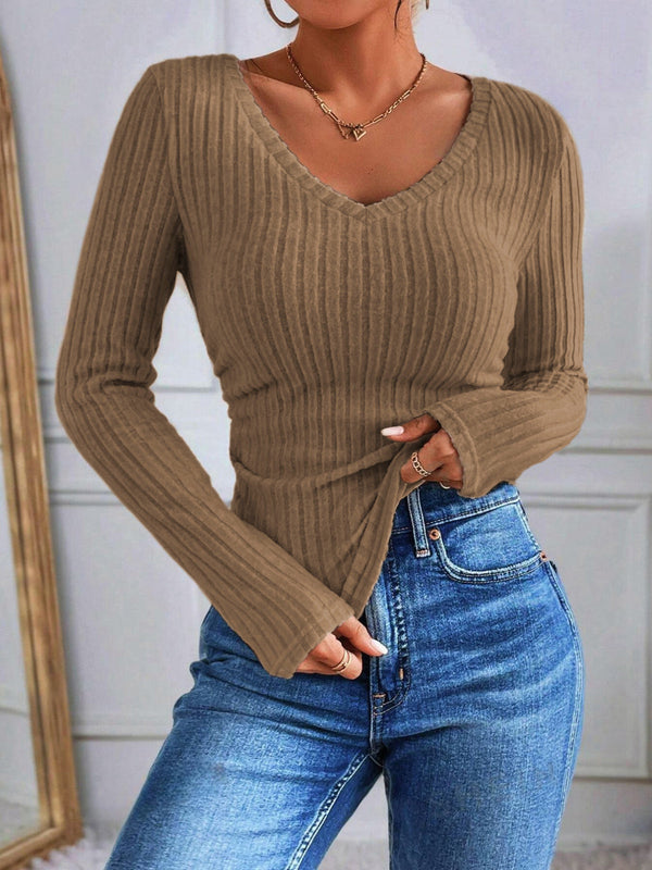 V-Neck Ribbed Skinny T-Shirt - Maison Sydney