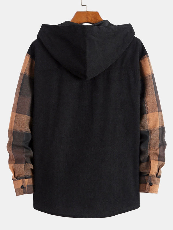 Relax Fit Plaid Corduroy Panel Hooded Shirt - Maison Sydney