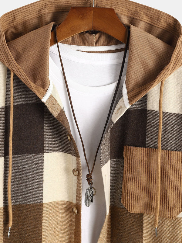 Relax Fit Flannel Plaid Corduroy Patchwork Hooded Shirt - Maison Sydney
