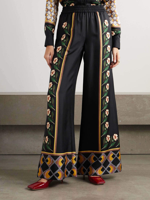 Unique Retro Print Tight Waist Wide Leg Pants