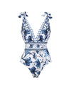 V Neck Lace Up Printed One Piece Swimsuit and Skirt - Maison Sydney