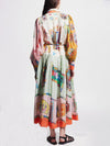 Unique Print Colorblock Balloon Sleeve Belt Shirt Midi Dress