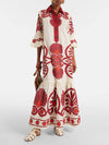 Classic Unique Ethnic Print Button Decoration Loose Maxi Dress