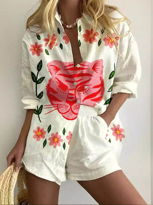 Fashion Unique Print Long-Sleeved Shirt And Shorts Set